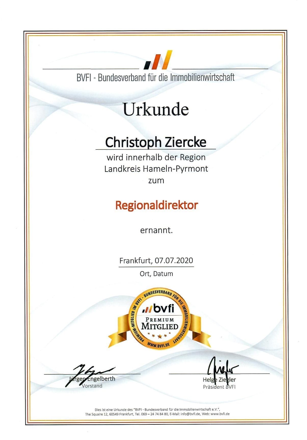 BVFI-Urkunde-Christoph_Ziercke Wertmanagement GmbH - Urkunde BVFI Regionaldirektor