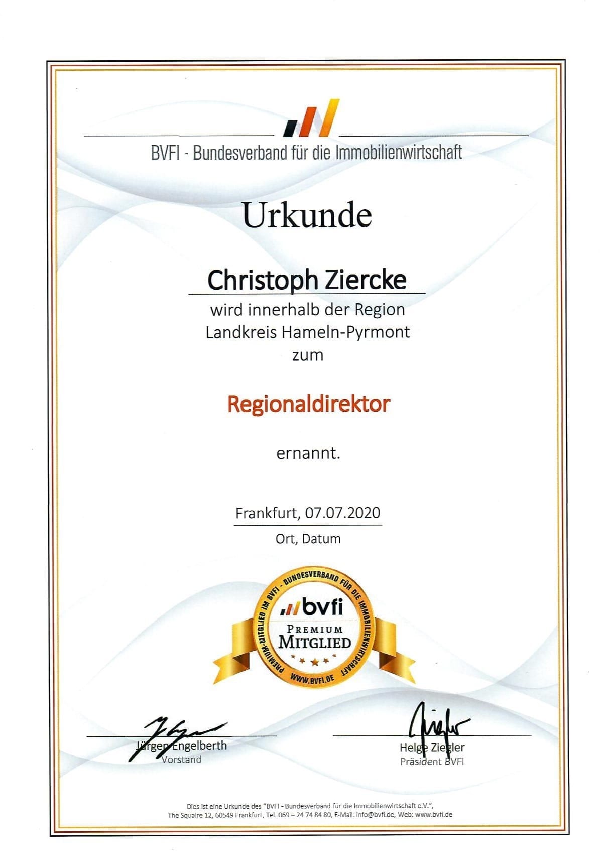 Wertmanagement GmbH - Urkunde BVFI Regionaldirektor